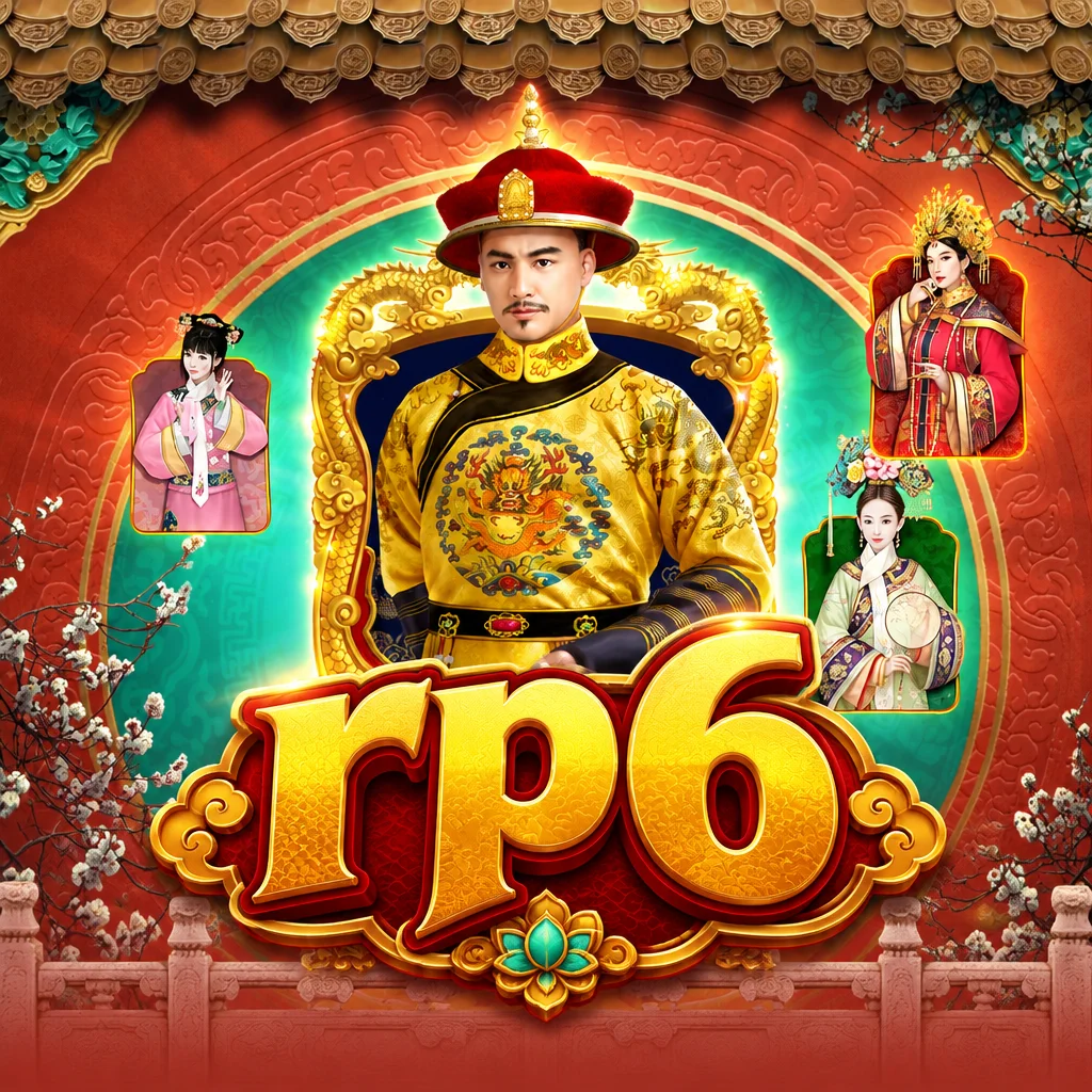 Logo rp6 dengan karakter kaisar berbusana naga dan para permaisuri dari permainan Emperors Favour berlatar istana